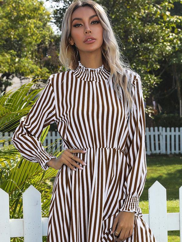 Retro women's striped long -sleeved high -neck dress in the long style - 808Lush