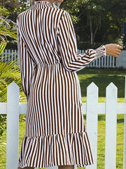 Retro women's striped long -sleeved high -neck dress in the long style - 808Lush