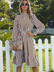 Retro women's striped long -sleeved high -neck dress in the long style - 808Lush