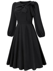 Women's round neck bow A-line mid-length dresses - 808Lush