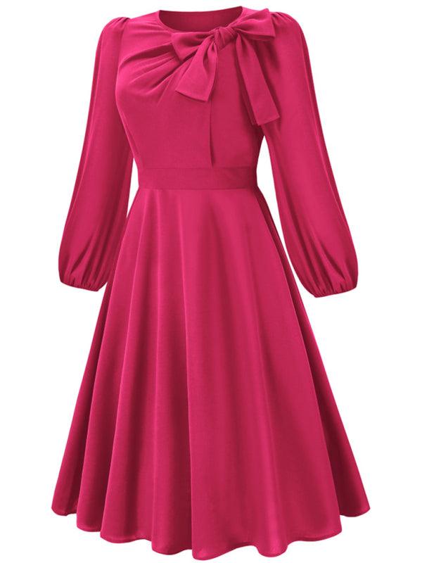 Women's round neck bow A-line mid-length dresses - 808Lush