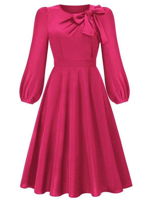 Women's round neck bow A-line mid-length dresses - 808Lush