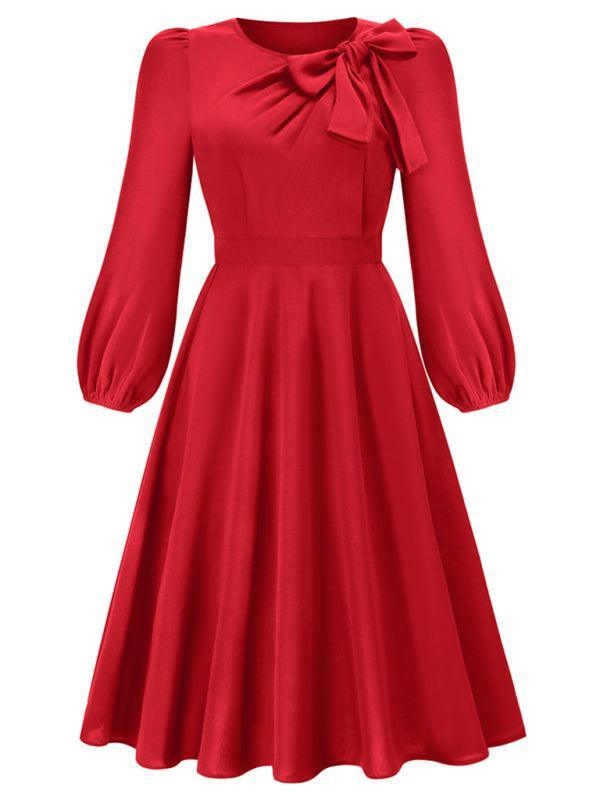 Women's round neck bow A-line mid-length dresses - 808Lush