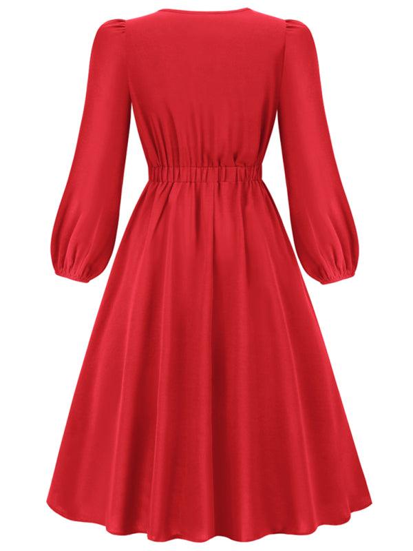 Women's round neck bow A-line mid-length dresses - 808Lush