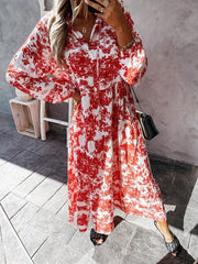 Women's Fashion Print Ruffle Neck Long Sleeve Resort Dress