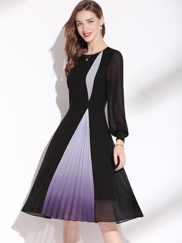 Women's Round Neck Long Sleeve Nipped Waist Chiffon Dress - 808Lush