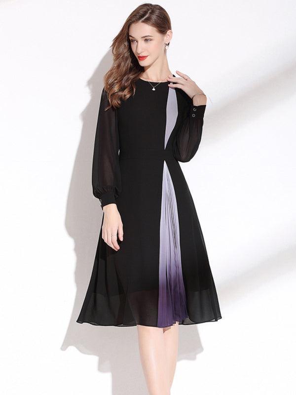 Women's Round Neck Long Sleeve Nipped Waist Chiffon Dress - 808Lush