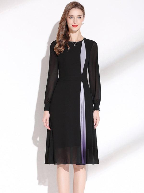 Women's Round Neck Long Sleeve Nipped Waist Chiffon Dress - 808Lush