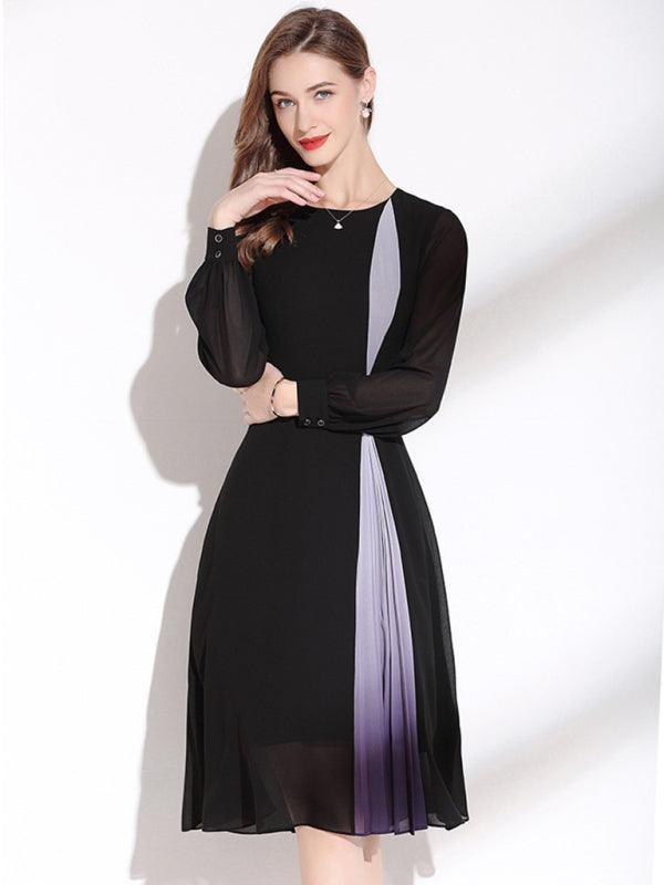 Women's Round Neck Long Sleeve Nipped Waist Chiffon Dress - 808Lush