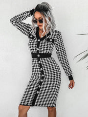 Women's bird check color collision V-neck knit sweater dress - 808Lush