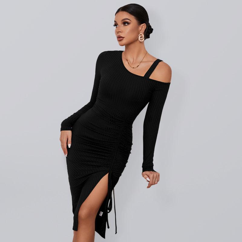 Open shoulder strapless package hip long sleeve sexy dress - 808Lush