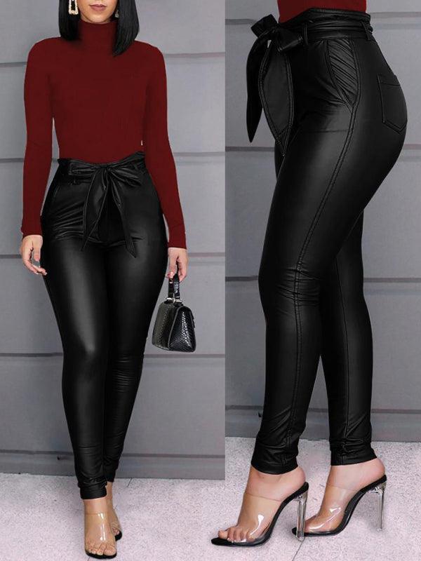 Ladies Fashion Casual PU Pants Leather Pants (with Belt) - 808Lush