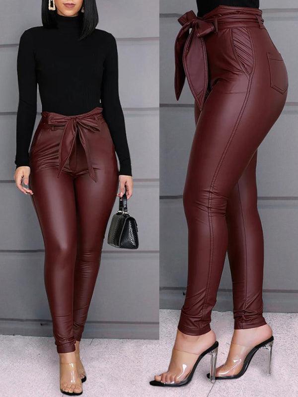 Ladies Fashion Casual PU Pants Leather Pants (with Belt) - 808Lush