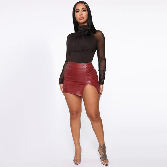 skirtBeauty high waist bag hip skirt PU leather zipper sexy black leather skirt - 808Lush