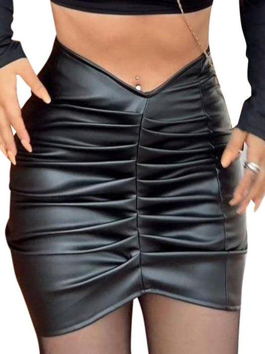 Fashion temperament solid color pleated PU bag hip skirt female skirt - 808Lush