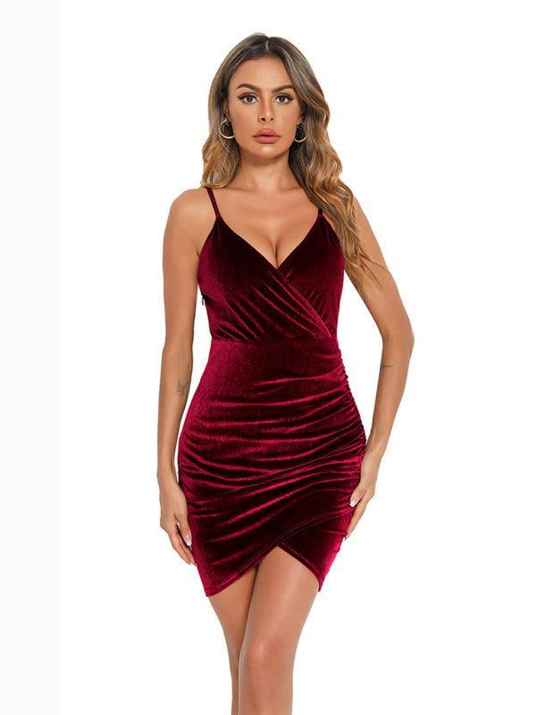 Sexy v-neck slim pleated evening mini dress - 808Lush