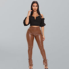 Skinny High Elastic Bandage Micro Flared Side Slit PU Leather Pants - 808Lush