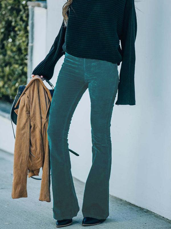 Solid Color High Waist Slim Flared Pants Corduroy Elastic Waist Casual Pants - 808Lush