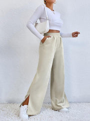 Women's solid color corduroy paneled slit wide-leg trousers - 808Lush