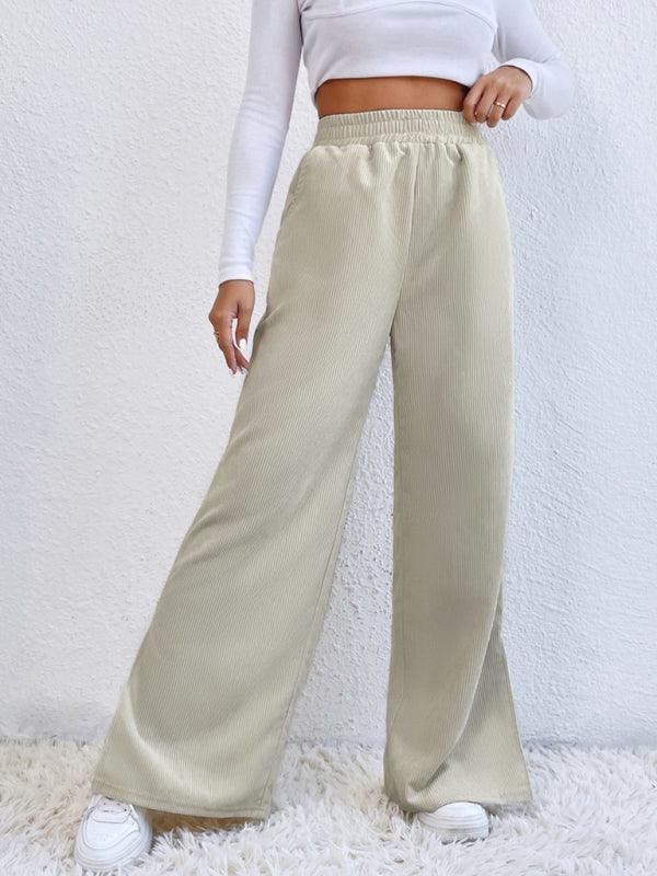 Women's solid color corduroy paneled slit wide-leg trousers - 808Lush