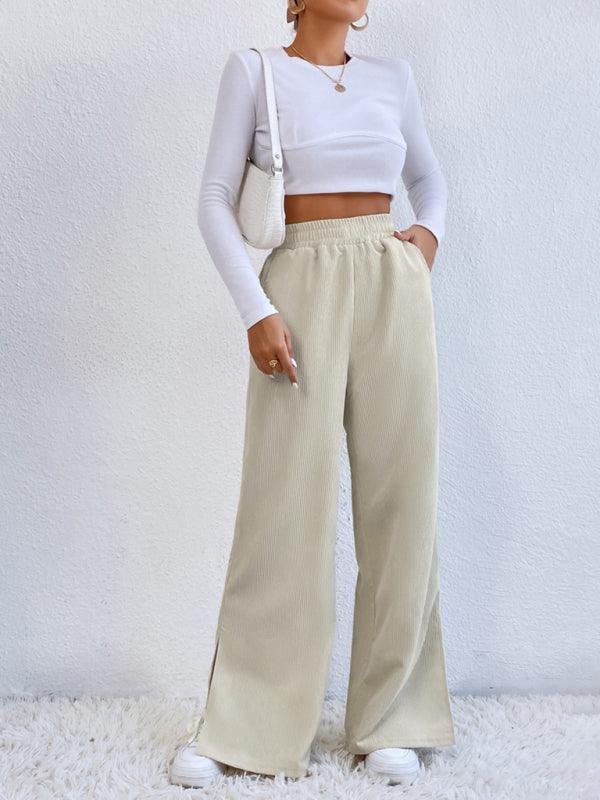 Women's solid color corduroy paneled slit wide-leg trousers - 808Lush