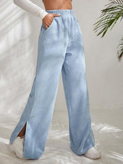 Women's solid color corduroy paneled slit wide-leg trousers - 808Lush