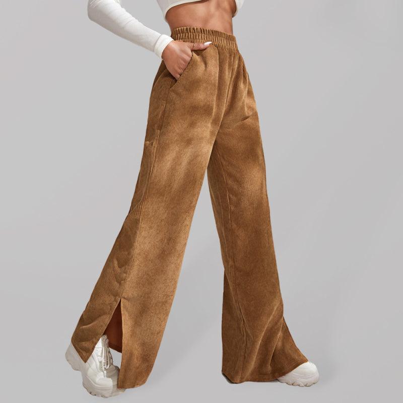 Women's solid color corduroy paneled slit wide-leg trousers - 808Lush