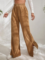 Women's solid color corduroy paneled slit wide-leg trousers - 808Lush