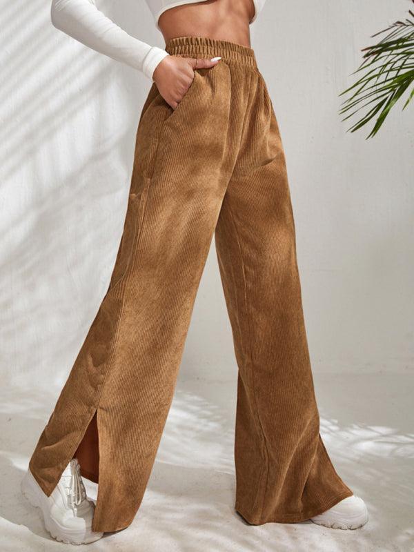 Women's solid color corduroy paneled slit wide-leg trousers - 808Lush