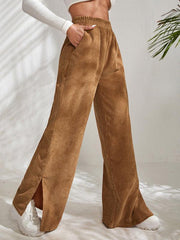 Women's solid color corduroy paneled slit wide-leg trousers - 808Lush