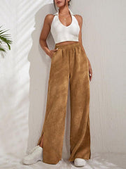 Women's solid color corduroy paneled slit wide-leg trousers - 808Lush