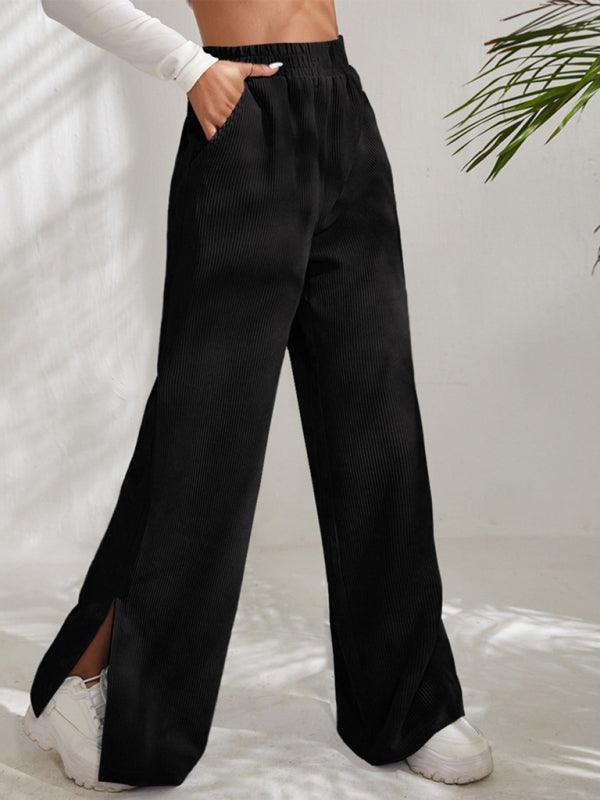 Women's solid color corduroy paneled slit wide-leg trousers - 808Lush