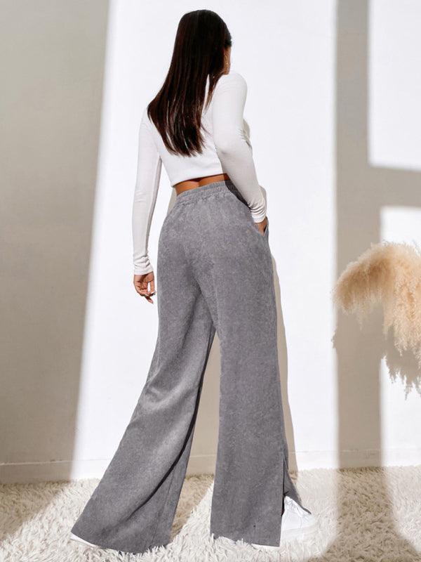 Women's solid color corduroy paneled slit wide-leg trousers - 808Lush