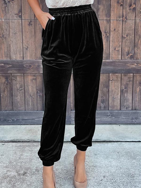 Women's Solid color elasticated waist casual pants - 808Lush