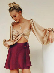 Solid Color Skirt High Waist Fashion One Piece Tie Skirt Chiffon Satin Wrap Skirt - 808Lush