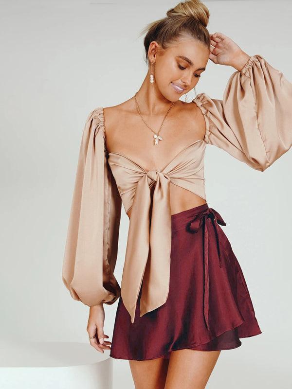 Solid Color Skirt High Waist Fashion One Piece Tie Skirt Chiffon Satin Wrap Skirt - 808Lush