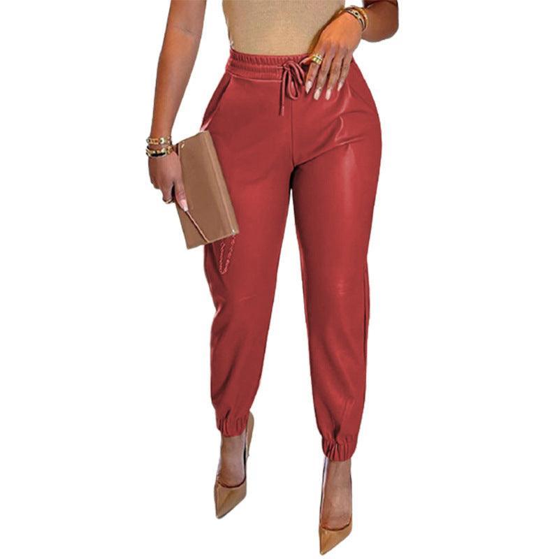 Women's Solid Color Drawstring Pocket Leggings Leather Pants - 808Lush