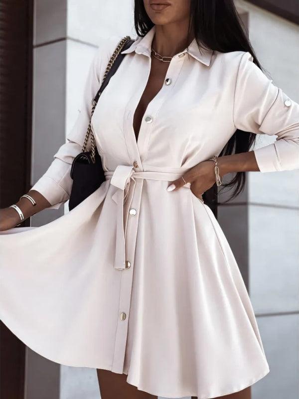 Women's solid lapel button tie dress - 808Lush