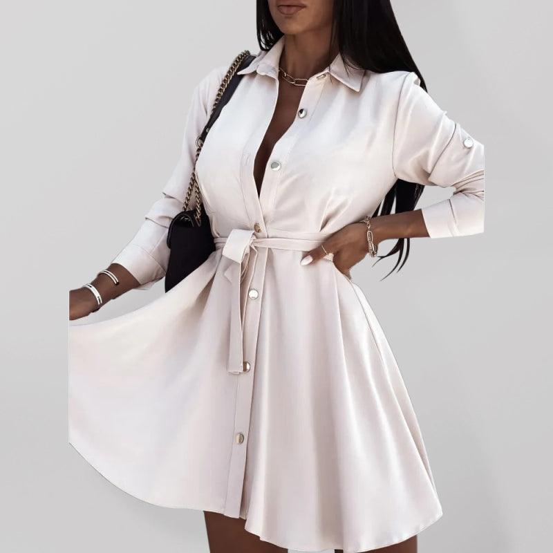 Women's solid lapel button tie dress - 808Lush