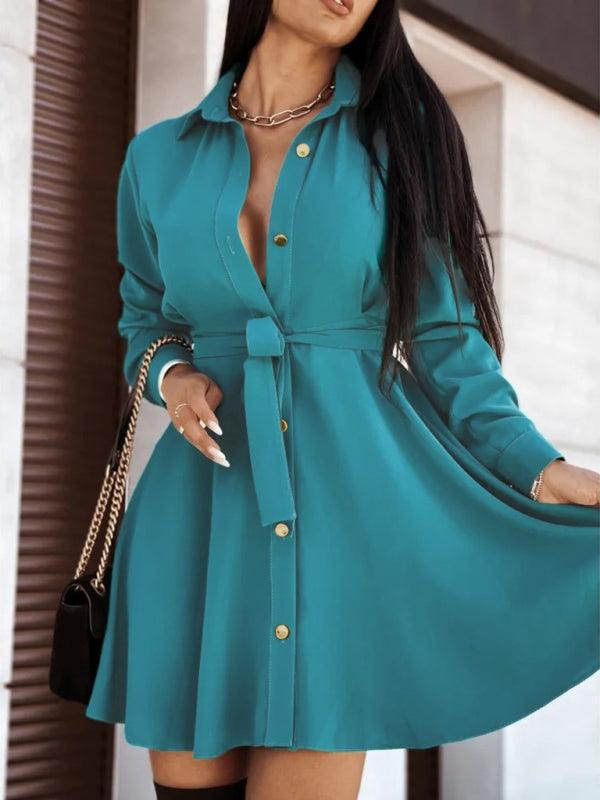 Women's solid lapel button tie dress - 808Lush