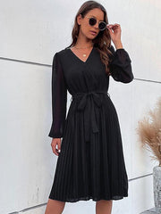 Women's Woven Long Sleeve Pleated V-Neck Dress - 808Lush