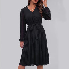 Women's Woven Long Sleeve Pleated V-Neck Dress - 808Lush