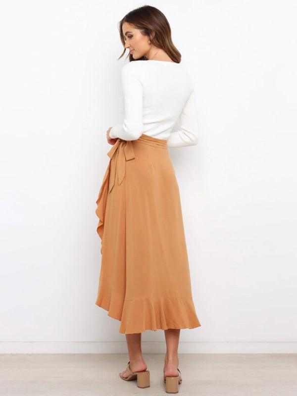 One Piece Tie Long Skirt Irregular Cover Hip Solid Color Skirt - 808Lush