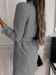 Women's houndstooth long-sleeve belted double-breasted dress - 808Lush