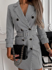 Women's houndstooth long-sleeve belted double-breasted dress - 808Lush