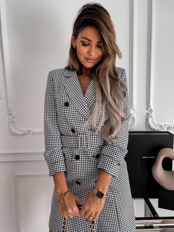 Women's houndstooth long-sleeve belted double-breasted dress - 808Lush