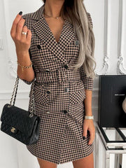 Women's houndstooth long-sleeve belted double-breasted dress - 808Lush