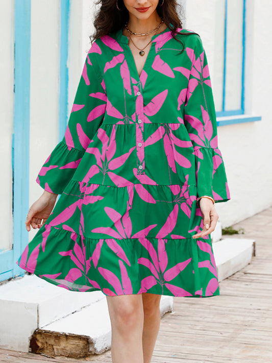 Women's floral print bell sleeve dress