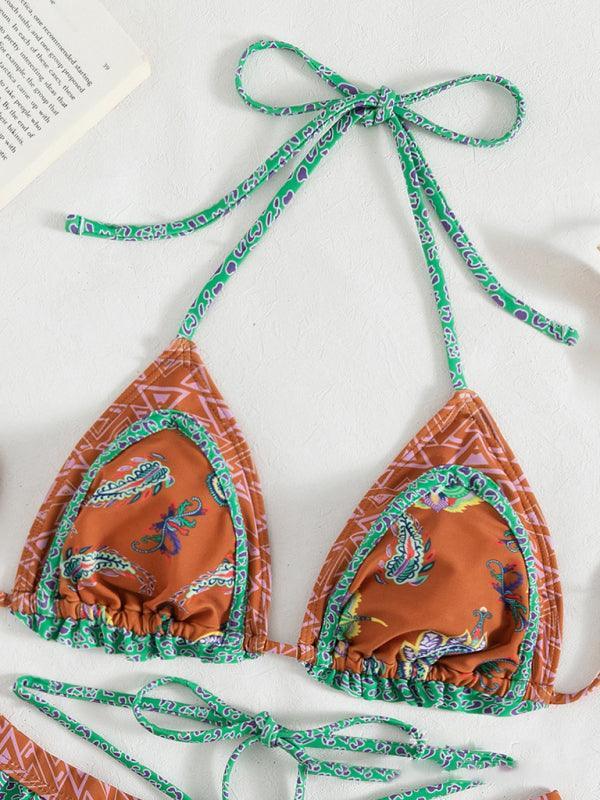 3 Piece Bikini Set ethnic print halter neck tie - 808Lush