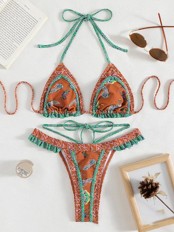 3 Piece Bikini Set ethnic print halter neck tie - 808Lush